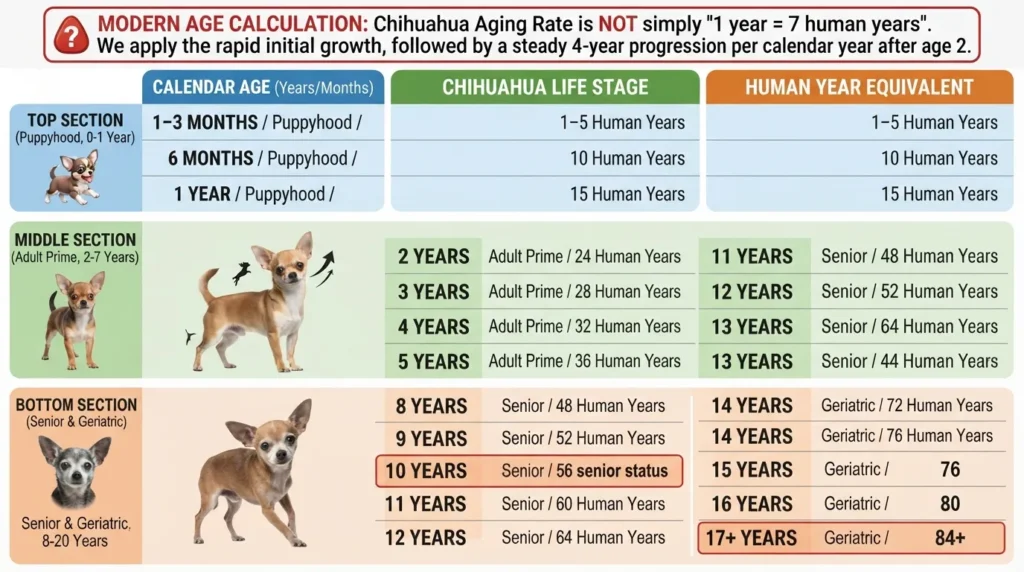 A side-by-side comparison chart showing Chihuahua calendar age converted into equivalent human years from puppyhood to senior stages based on 2026 veterinary guidelines.