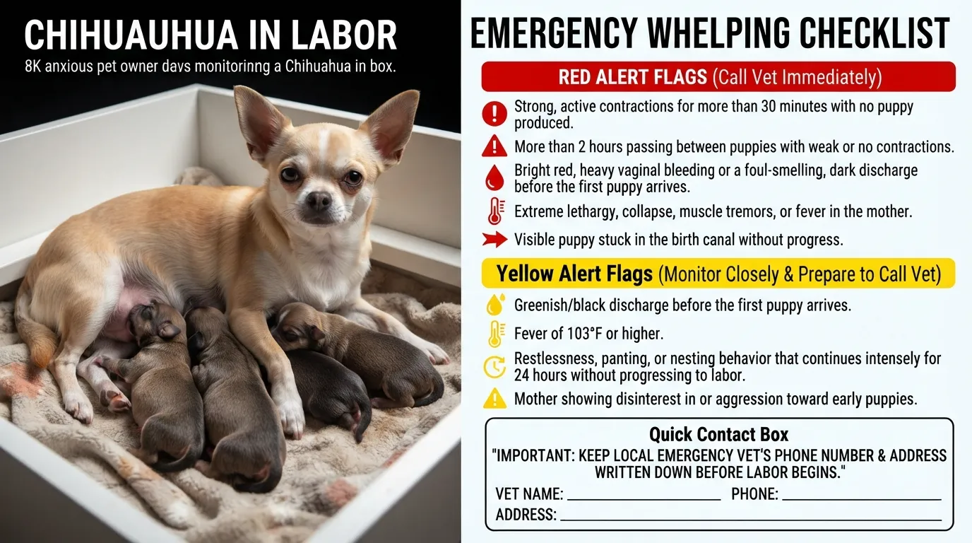 An emergency checklist highlighting critical signs during Chihuahua labor that require immediate veterinary attention, including prolonged contractions, excessive bleeding, and resting between puppies over two hours.
