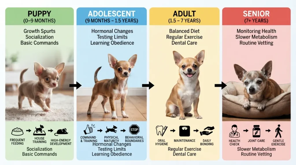 Infographic chart displaying the four life stages of a Chihuahua from puppy to senior with age ranges and key care milestones.