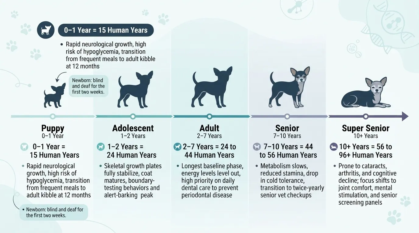 An infographic detailing the five life stages of a Chihuahua dog from Puppy (0-1 year, equivalent to 15 human years) to Super Senior (10+ years, equivalent to 56 to 96+ human years), listing physical and behavioral traits for each stage.