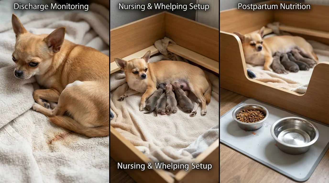 A mother Chihuahua nursing her newborn puppies in a clean whelping box with a nearby bowl of puppy food and fresh water.