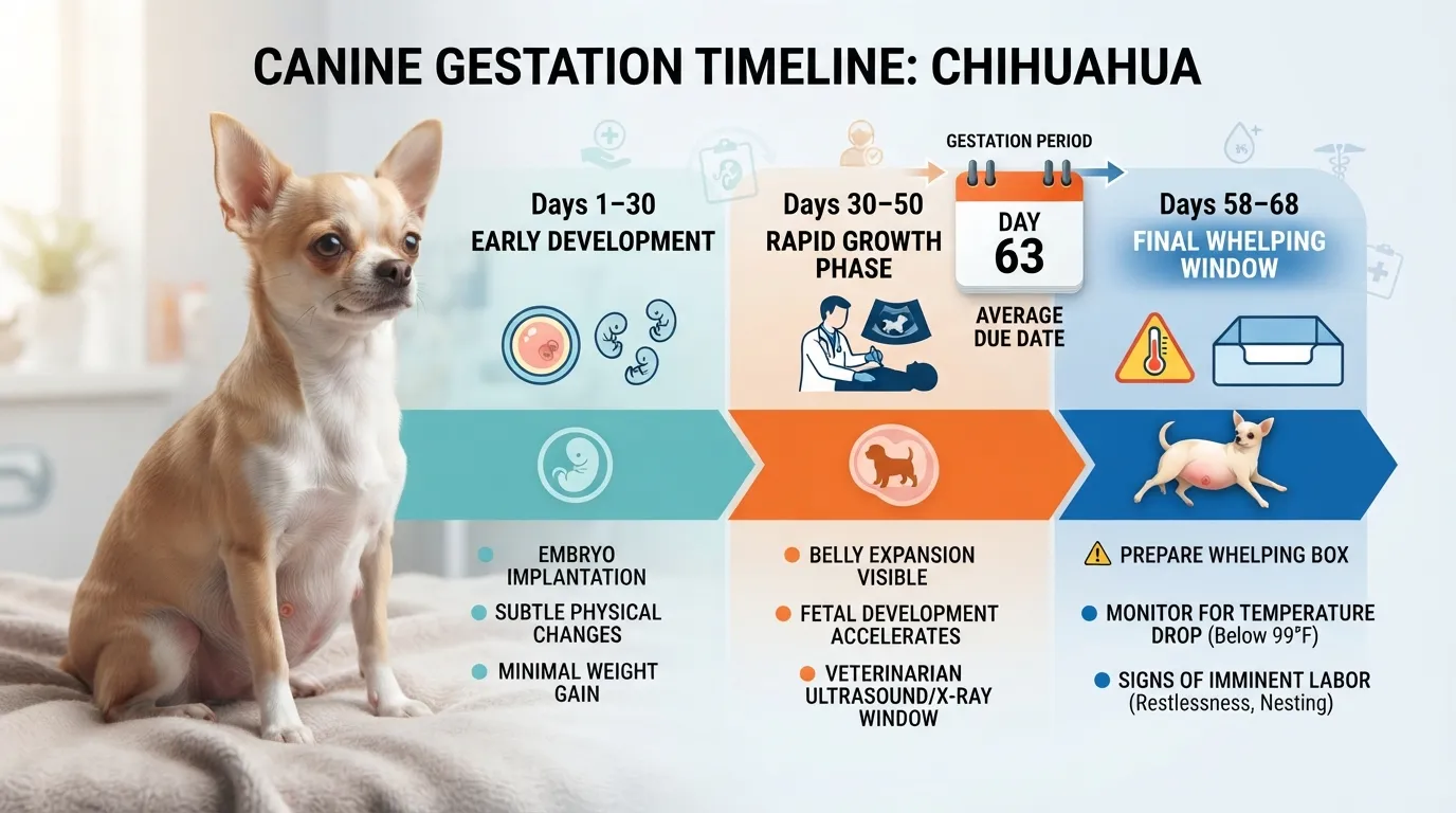 Chihuahua pregnancy duration timeline showing 58 to 68 days gestational range from ovulation to labor.