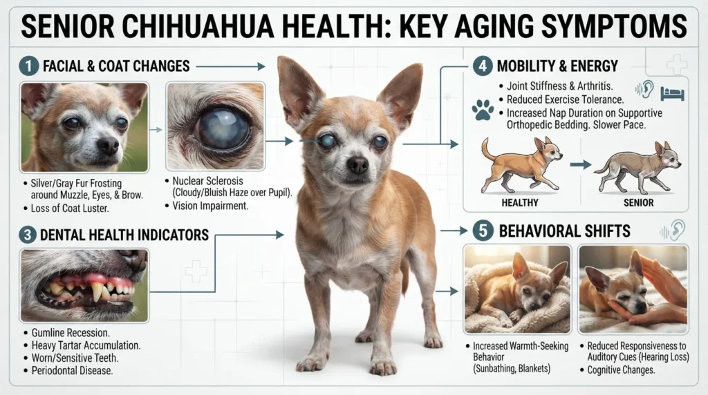 An informative infographic detailing common physical and behavioral aging signs in a senior Chihuahua, including a graying muzzle, cloudy eyes, joint stiffness, and dental wear.