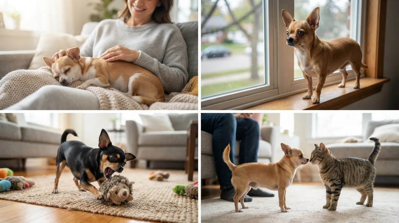 A Chihuahua interacting affectionately with its owner while demonstrating core temperament traits including loyalty, alertness, and playful energy.