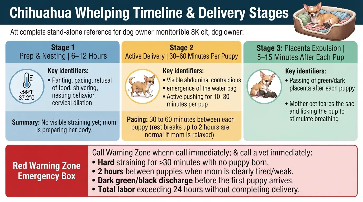 Infographic chart outlining the timeline of Chihuahua labor, showing Stage 1 resting and nesting (6-12 hours), Stage 2 active puppy delivery (30-60 minutes per pup), Stage 3 placenta expulsion, and emergency red flags for vet assistance.