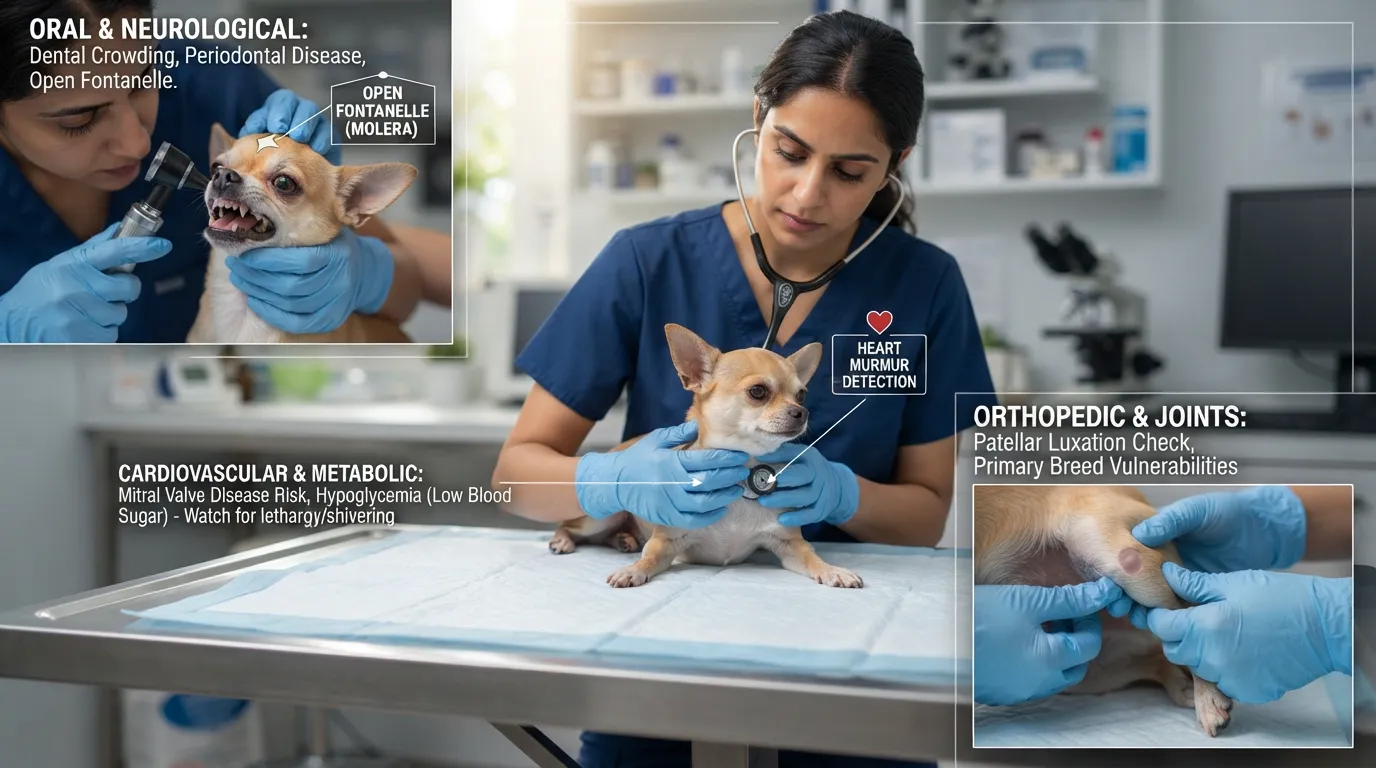 A veterinarian examining a Chihuahua on a clinical table with visual indicators highlighting common health conditions like dental disease, hypoglycemia, and luxating patella.