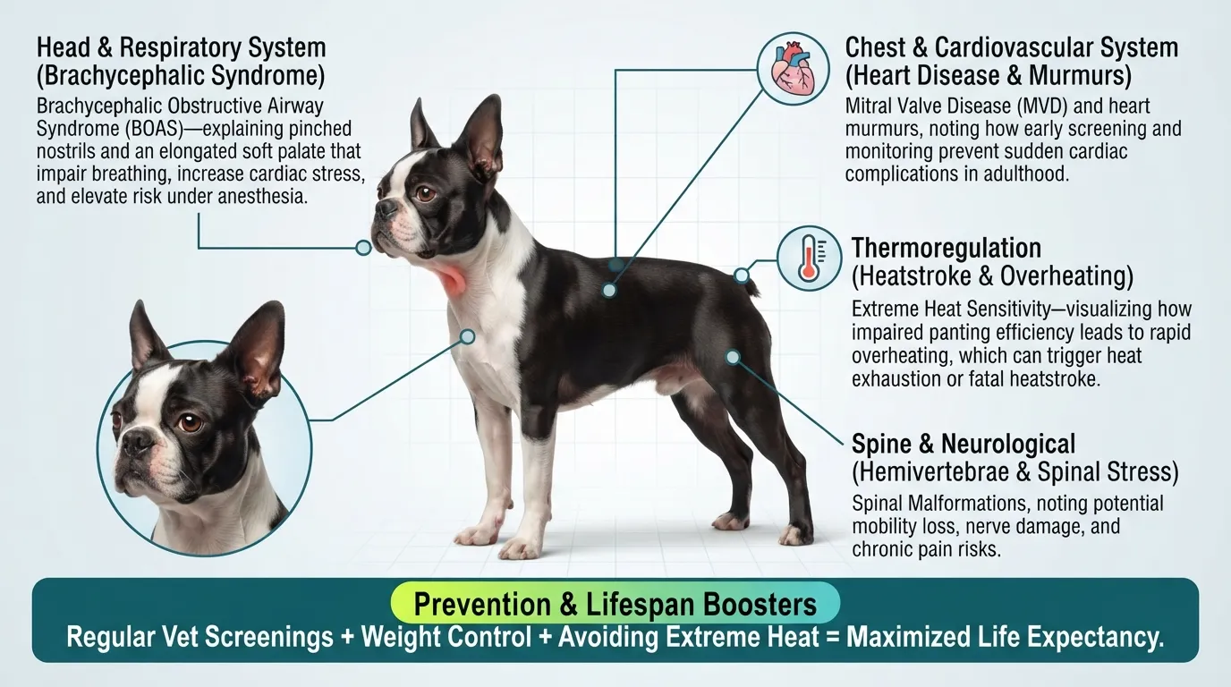 Anatomical diagram highlighting common health issues that affect a Boston Terrier's lifespan, including brachycephalic airway syndrome, heart disease, and heatstroke.