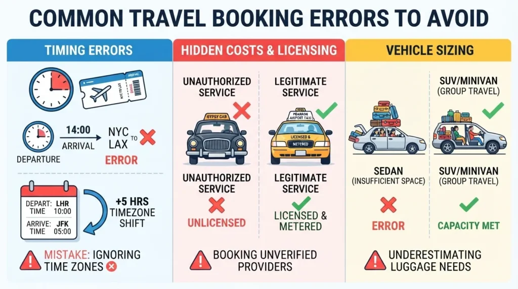 An educational infographic outlining common travel booking errors to avoid, split into three sections: Timing Errors, Hidden Costs & Licensing, and Vehicle Sizing.