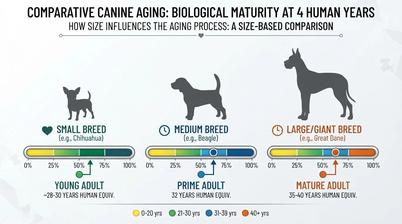 An infographic titled 'Comparative Canine Aging: Biological Maturity at 4 Human Years' showing how small, medium, and large dog breeds age differently, comparing a Chihuahua, a Beagle, and a Great Dane.