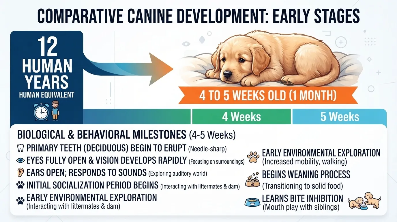 An infographic detailing comparative canine development for puppies aged 4 to 5 weeks old, equating them to a 12-year-old human, and listing biological and behavioral milestones.