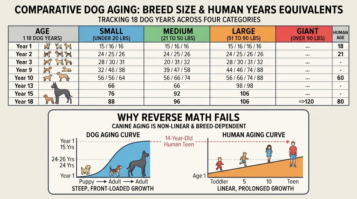 A comprehensive comparative dog aging infographic from Dog Ages Calculator, detailing human year equivalents across small, medium, large, and giant breed sizes, alongside curves explaining why non-linear dog aging math fails.