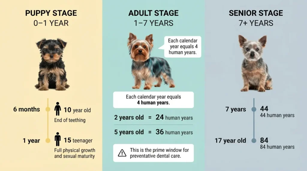 An informative infographic from Dog Ages Calculator detailing puppy, adult, and senior stages with human year equivalents for dogs.