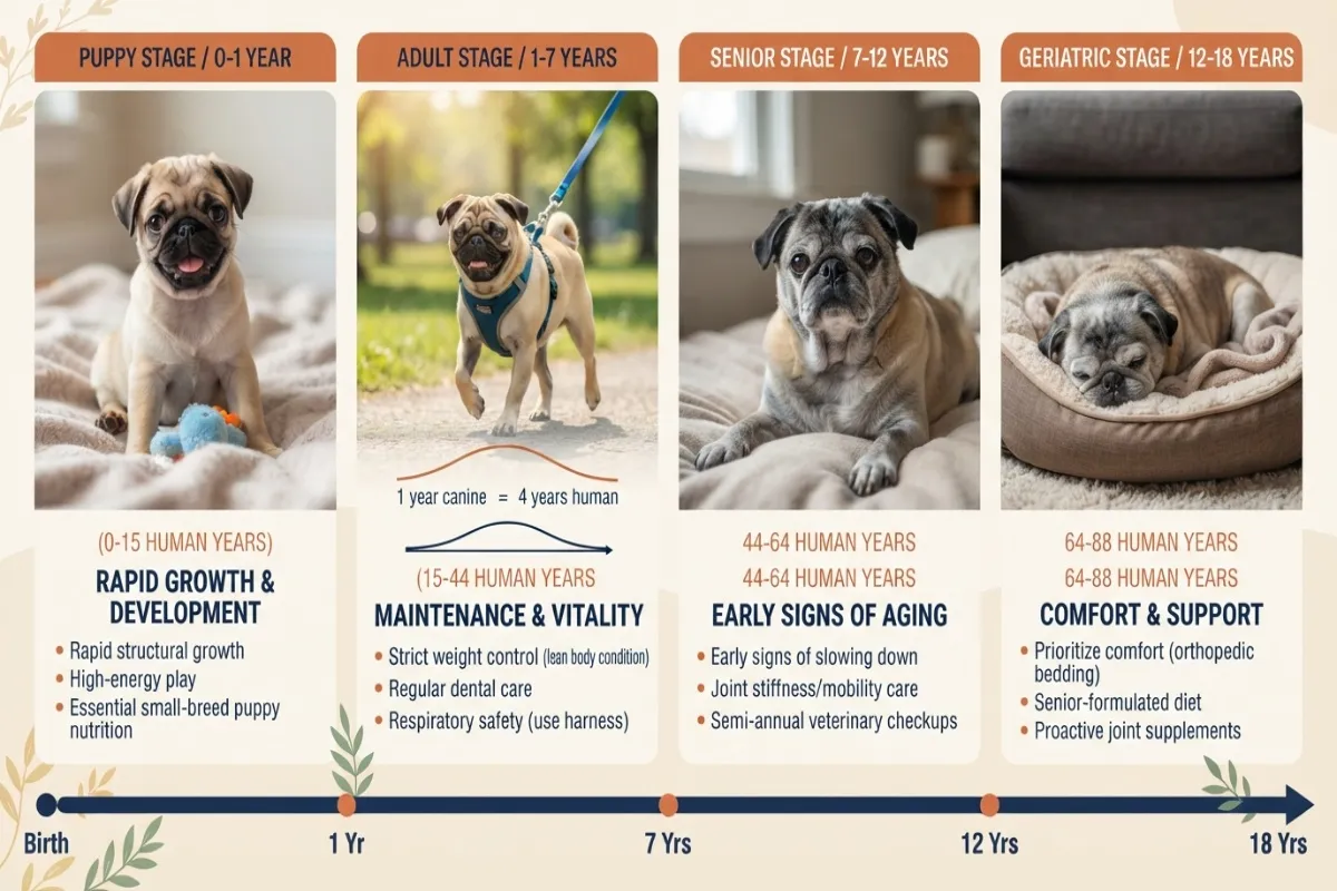 An infographic chart by dogagescalculator detailing the four main life stages of a pug dog: Puppy Stage (0-1 year), Adult Stage (1-7 years), Senior Stage (7-12 years), and Geriatric Stage (12-18 years), mapping dog years to human years with health care tips for each stage.
