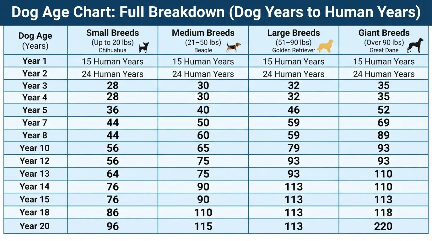 A comprehensive Dog Age Chart comparing dog years to human years across four breed sizes: Small Breeds (up to 20 lbs), Medium Breeds (21-50 lbs), Large Breeds (51-90 lbs), and Giant Breeds (over 90 lbs), spanning Year 1 to Year 20.