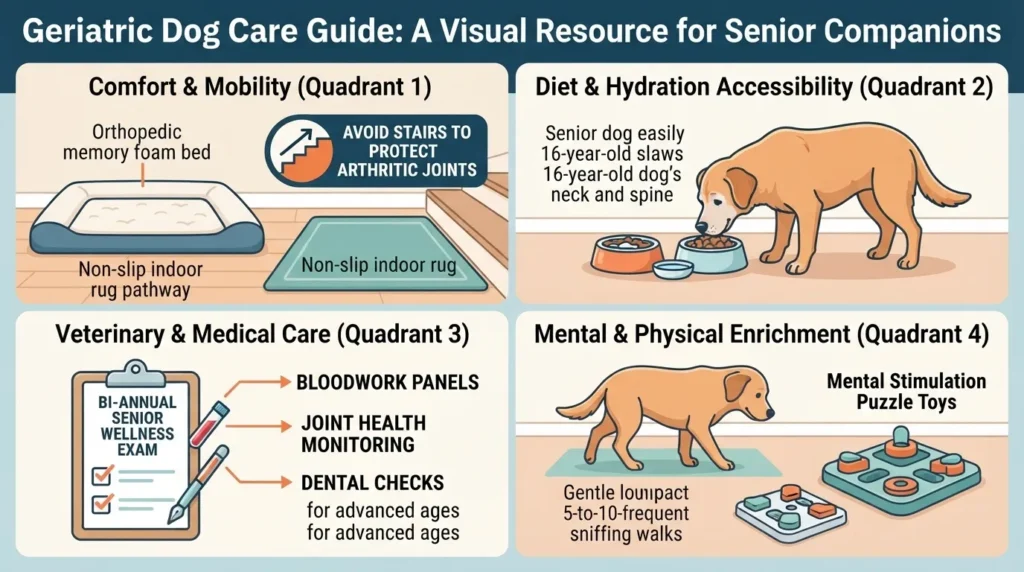 An educational infographic titled 'Geriatric Dog Care Guide: A Visual Resource for Senior Companions' divided into four quadrants covering Comfort & Mobility, Diet & Hydration Accessibility, Veterinary & Medical Care, and Mental & Physical Enrichment.