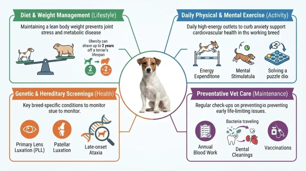 An infographic detailing Jack Russell Terrier care tips including diet, physical exercise, genetic screenings, and preventative veterinary care, centered around a Jack Russell Terrier image.