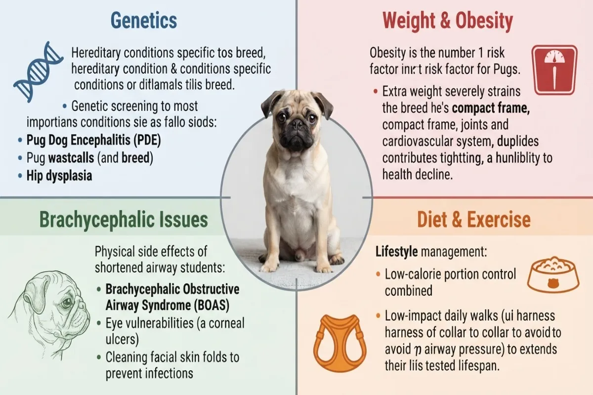 An educational infographic outlining key Pug health issues, categorized into Genetics, Weight & Obesity, Brachycephalic Issues, and Diet & Exercise, with a Pug dog pictured in the center.