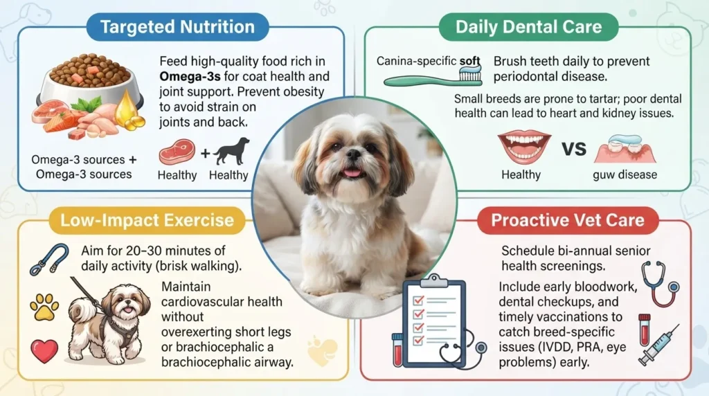 An infographic detailing essential Shih Tzu care tips including Targeted Nutrition, Daily Dental Care, Low-Impact Exercise, and Proactive Vet Care, featuring a cute Shih Tzu dog in the center.