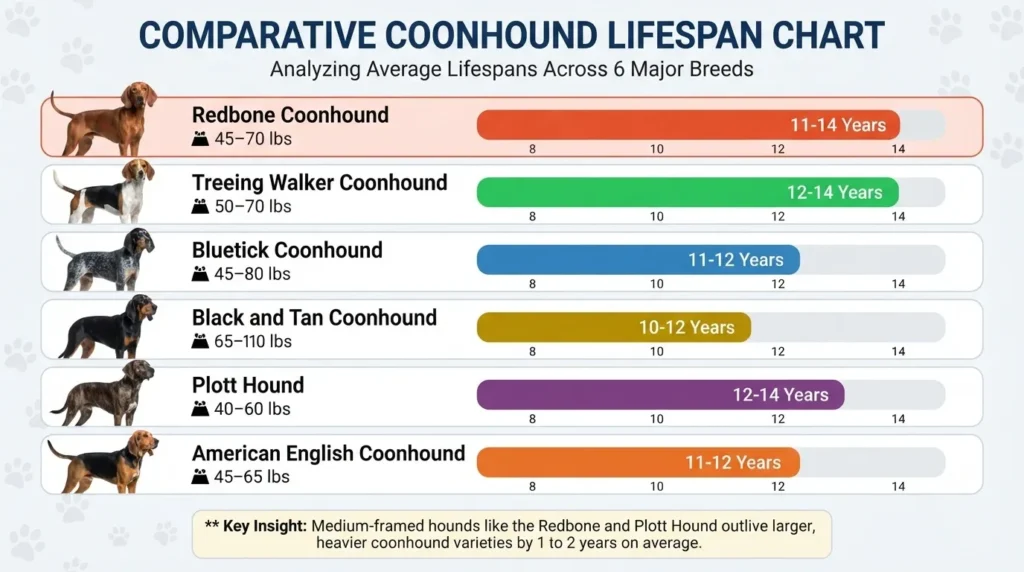 A detailed infographic titled Comparative Coonhound Lifespan Chart from dogagescalculator, detailing average life expectancies and weight ranges for Redbone, Treeing Walker, Bluetick, Black and Tan, Plott Hound, and American English Coonhounds.
