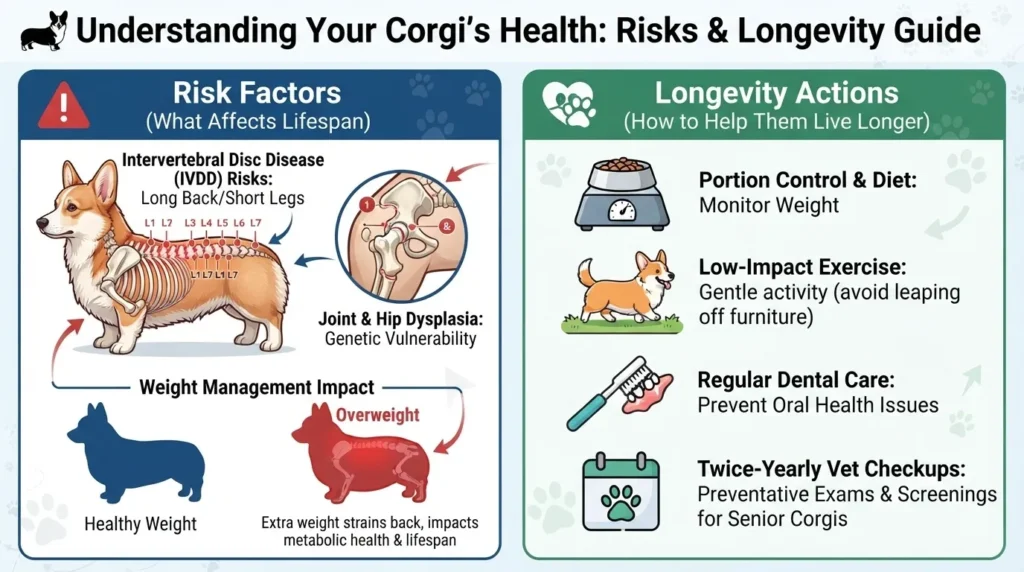 An informative infographic titled 'Understanding Your Corgi's Health: Risks & Longevity Guide' by dogagescalculator, detailing key risks like IVDD and weight issues alongside longevity actions like proper diet and exercise.