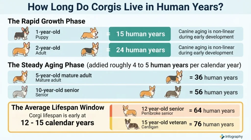 An infographic by dogagescalculator illustrating how Corgis age in human years, showing rapid growth, steady aging, and the average lifespan window of 12 to 15 calendar years.