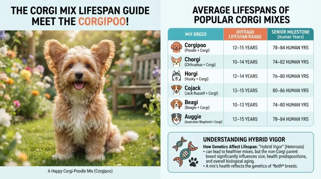 An infographic guide to popular Corgi mix lifespans featuring a fluffy Corgipoo puppy in a garden alongside a chart comparing lifespans of Corgipoos, Chorgis, Horgis, Cojacks, Beagis, and Auggies with senior milestones.