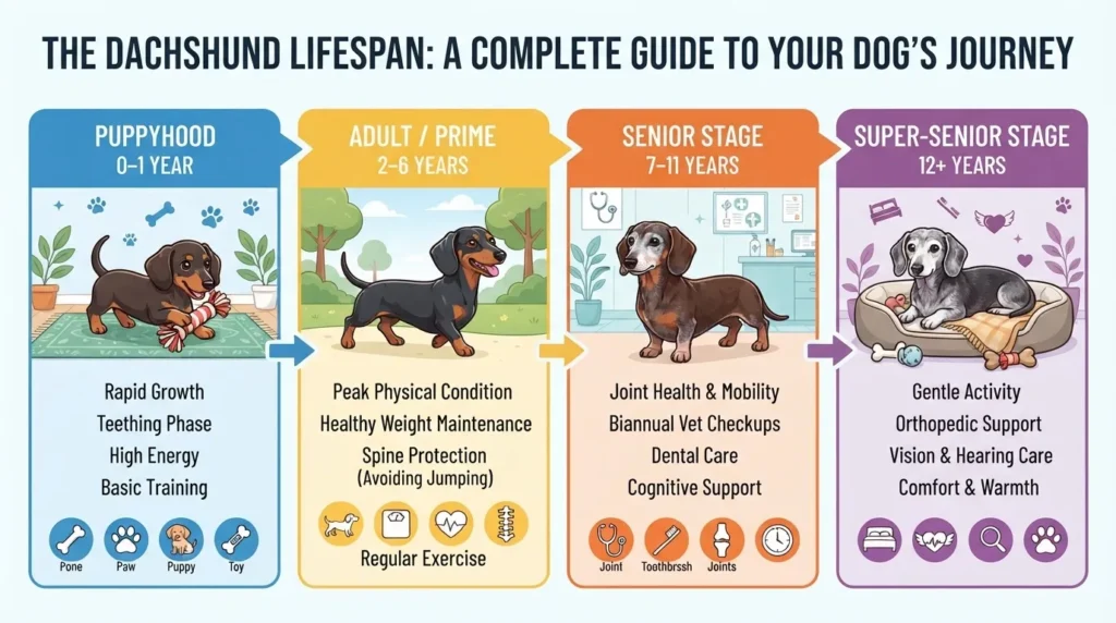 An educational infographic detailing the four key life stages of a Dachshund: Puppyhood (0-1 year), Adult/Prime (2-6 years), Senior Stage (7-11 years), and Super-Senior Stage (12+ years), including care tips like spine protection and joint health.