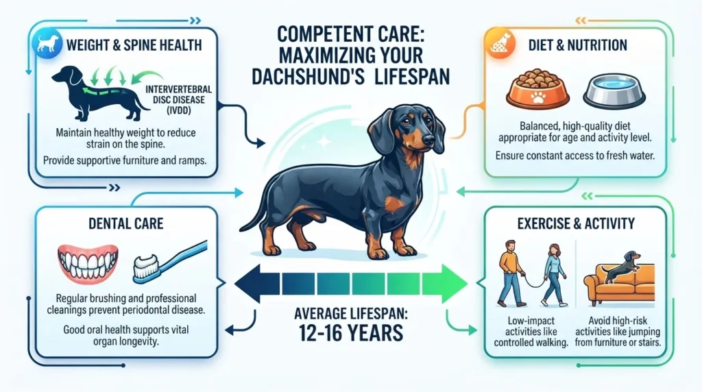 An educational infographic outlining essential care tips to maximize a Dachshund's lifespan, highlighting weight management, spine health, diet, dental care, and safe exercise guidelines.