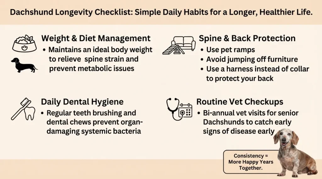 An educational infographic titled Dachshund Longevity Checklist, detailing essential daily habits such as weight management, spine protection, dental hygiene, and routine vet checkups for dachshunds, alongside an image of a dapple dachshund.