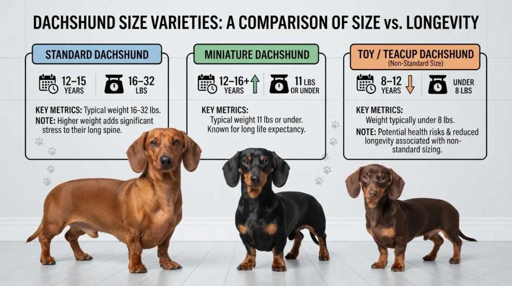An infographic comparing Standard, Miniature, and Toy/Teacup Dachshund sizes, average weights, and typical lifespans, featuring illustrations of three dachshunds representing each category.