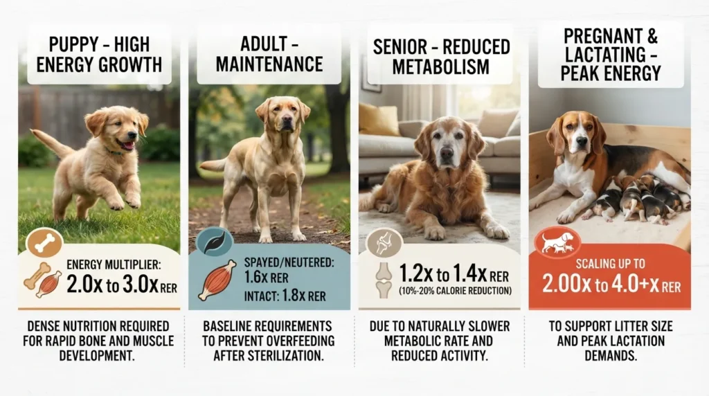 A detailed infographic showing dog caloric requirements across life stages, including puppies, adult dogs, seniors, and pregnant or lactating dogs based on veterinary guidelines.