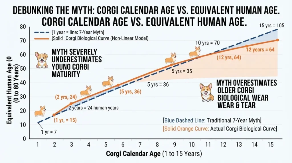 A line graph comparing a Corgi's calendar age (1 to 15 years) to their equivalent human age, contrasting the linear 7-year myth with the actual, non-linear biological curve.