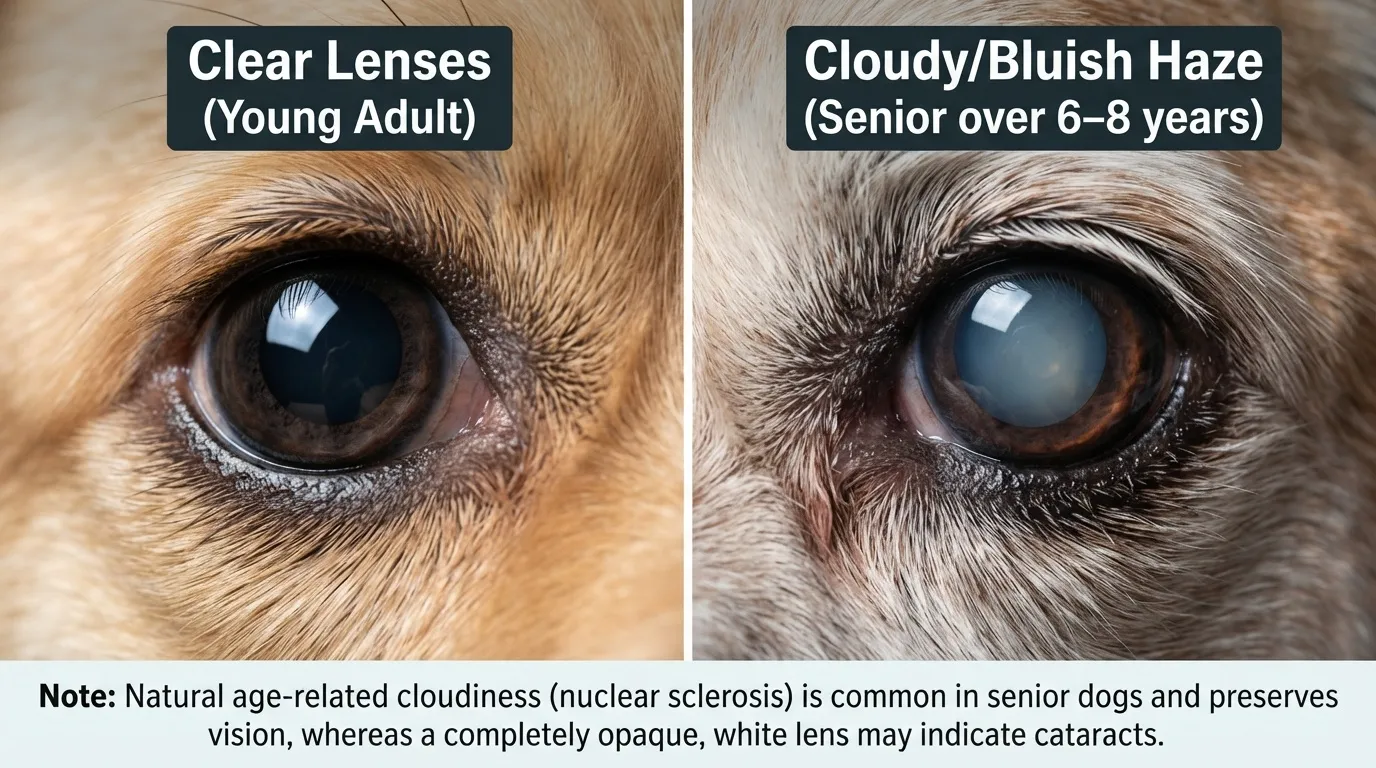 Side-by-side visual comparison showing a young dog's clear dark lens versus a senior dog's cloudy, bluish lens showing signs of natural nuclear sclerosis.