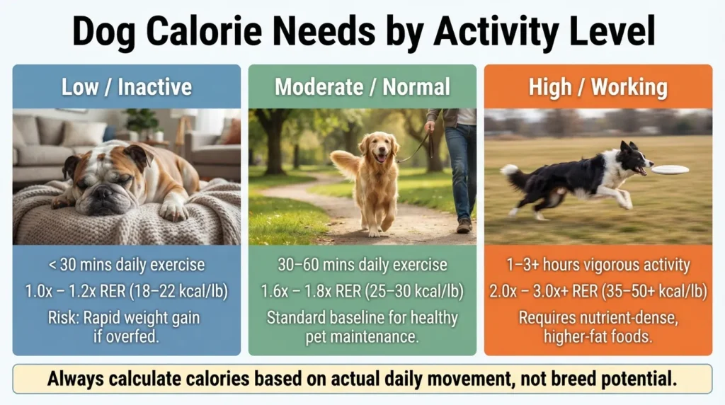 Chart comparing low, moderate, and high dog activity levels with their daily calorie energy multipliers