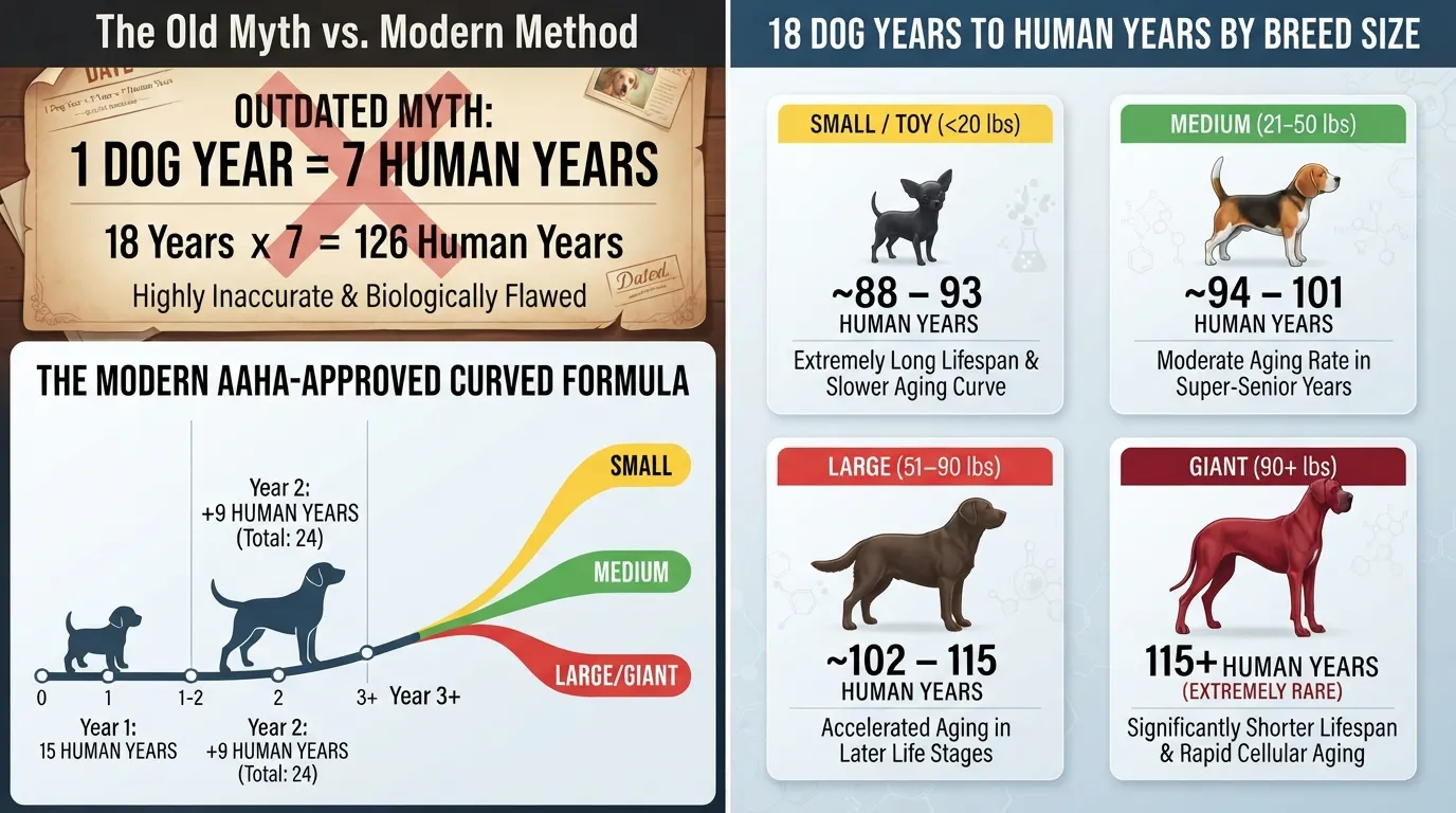 Infographic comparing the outdated 7-year dog age myth with the modern size-based veterinary calculation method, detailing human year equivalencies for an 18-year-old dog across small, medium, large, and giant breeds.