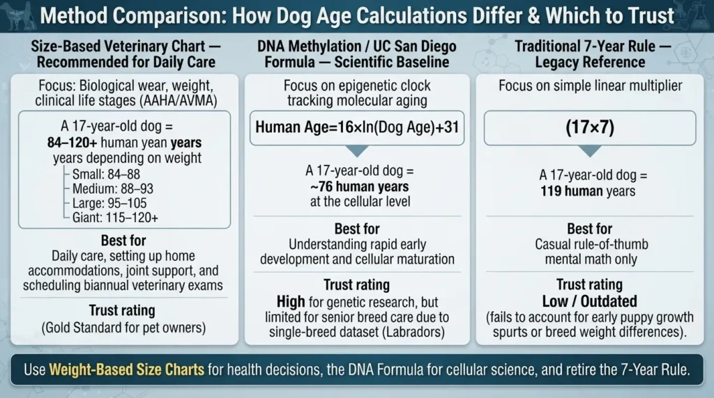A side-by-side comparison chart illustrating how a 17-year-old dog converts to human years using three methods: size-based veterinary charts (84–120+ years), UC San Diego DNA formula (76 years), and the traditional 7-year rule (119 years).