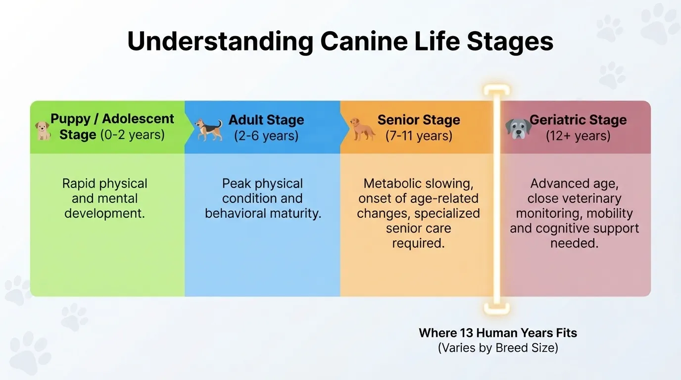 An infographic chart detailing canine life stages from Puppy/Adolescent (0-2 years), Adult (2-6 years), Senior (7-11 years), to Geriatric (12+ years) with descriptions of developmental milestones.
