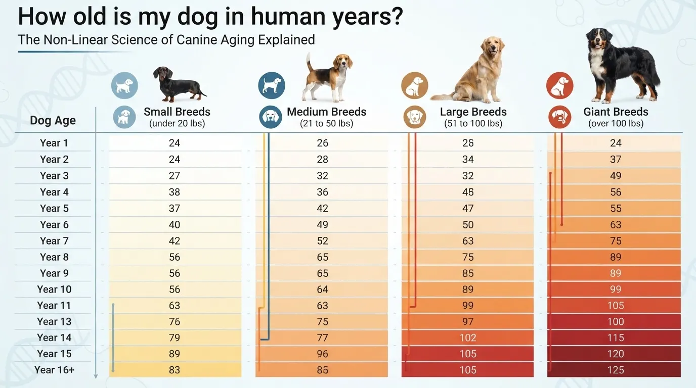 An informative canine aging chart comparing dog years to human years across small, medium, large, and giant breeds.