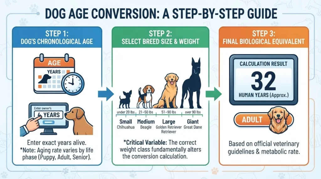 An educational infographic titled 'Dog Age Conversion: A Step-by-Step Guide' illustrating the 3-step process to calculate a dog's biological human age equivalent based on chronological years and breed size.