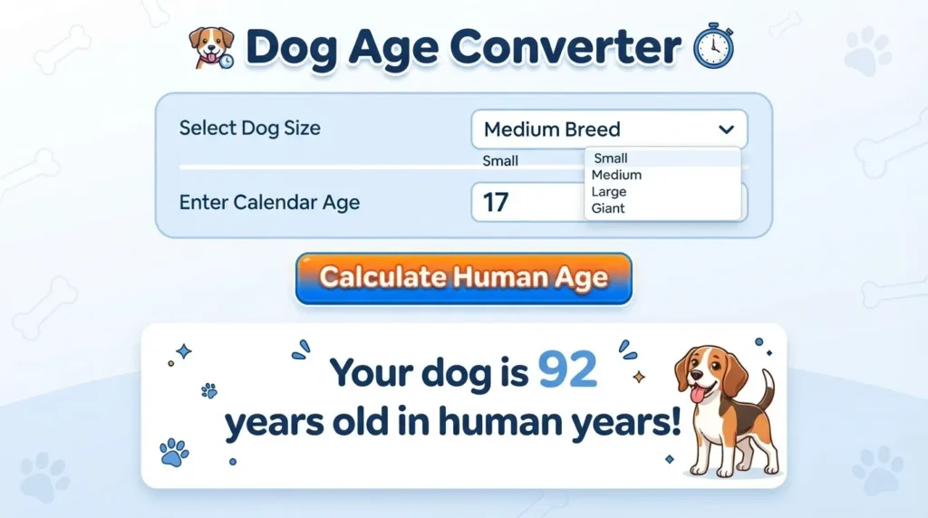 A user interface of the online Dog Age Converter showing a calculation for a 17-year-old medium breed dog being equivalent to 92 human years, featuring a cute beagle illustration.