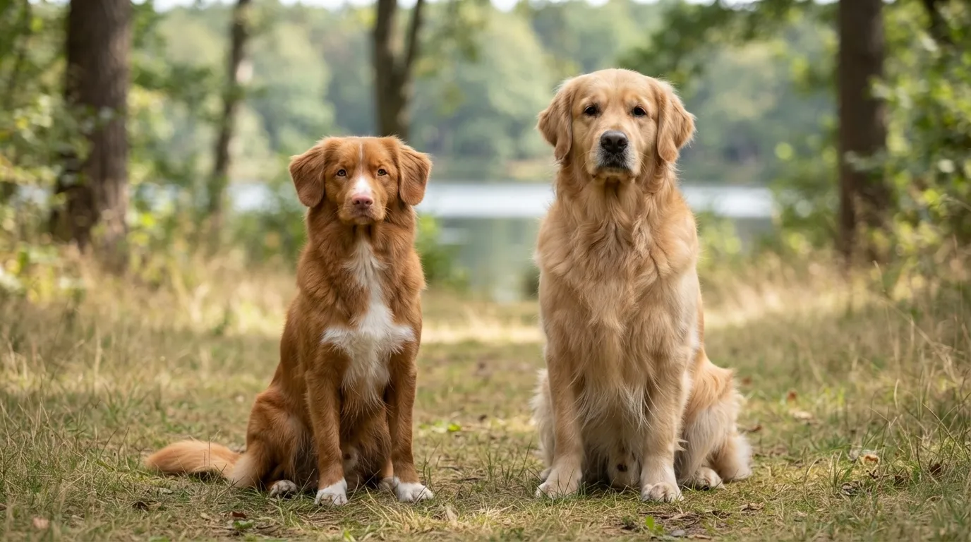 A Nova Scotia Duck Tolling Retriever and a Golden Retriever sitting side-by-side on a grassy field in Toronto.