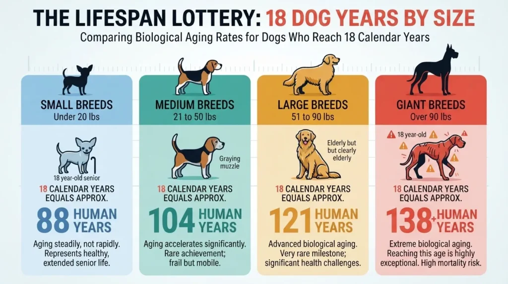 An infographic titled 'The Lifespan Lottery: 18 Dog Years By Size' comparing biological aging rates of small, medium, large, and giant dog breeds at 18 calendar years.