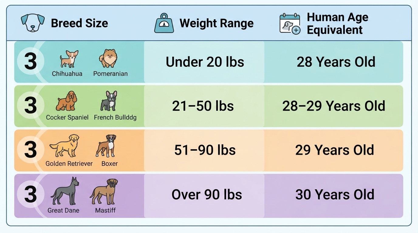 An infographic chart from dogagescalculatoR showing the human age equivalent for 3-year-old dogs across four different weight categories, featuring illustrated breeds like Chihuahuas, Pomeranians, Cocker Spaniels, French Bulldogs, Golden Retrievers, Boxers, Great Danes, and Mastiffs.