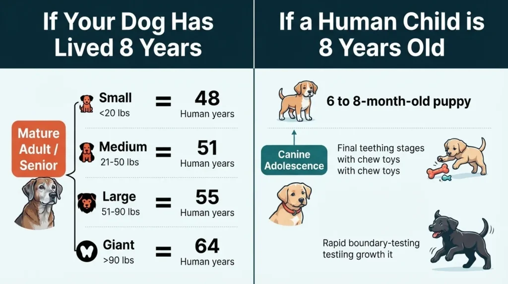 Infographic from Dog Ages Calculator comparing an 8-year-old dog's equivalent human age by breed size with a human child's age relative to a puppy's development stage.