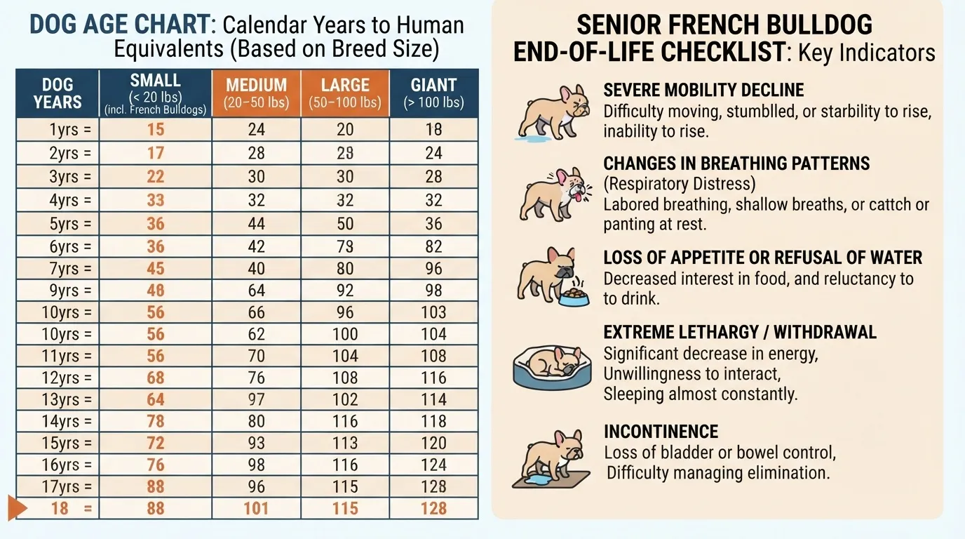 A comprehensive Dog Age Chart comparing calendar years to human equivalents based on small, medium, large, and giant breed sizes, alongside a Senior French Bulldog End-of-Life Checklist detailing key wellness indicators.