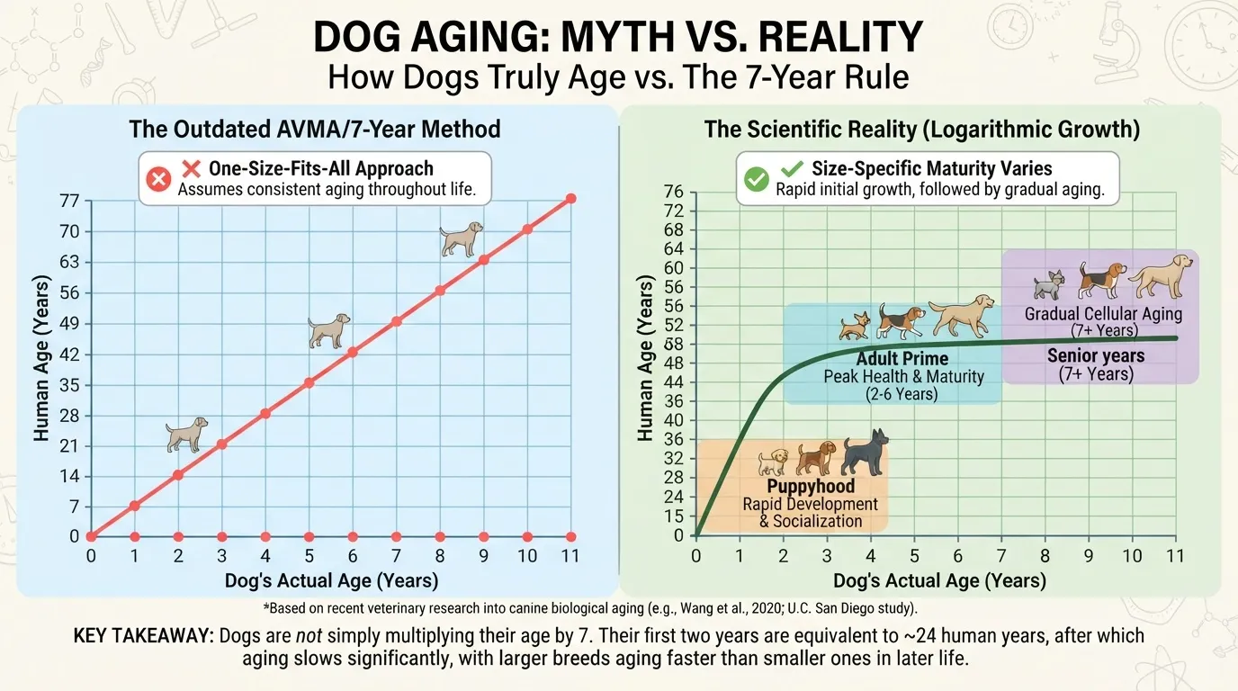 An infographic comparing the outdated linear 7-year dog aging method with the scientific reality of logarithmic canine biological growth.