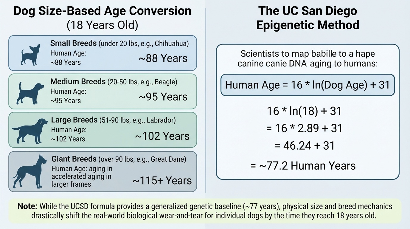 Infographic comparing dog size-based age conversion for an 18-year-old dog against the UC San Diego Epigenetic Method formula.