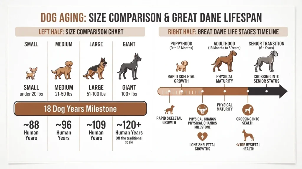 An informative infographic from dogagescalculator showing dog aging by size category (Small, Medium, Large, Giant) with an 18-year milestone comparison and a specific Great Dane life stages timeline.