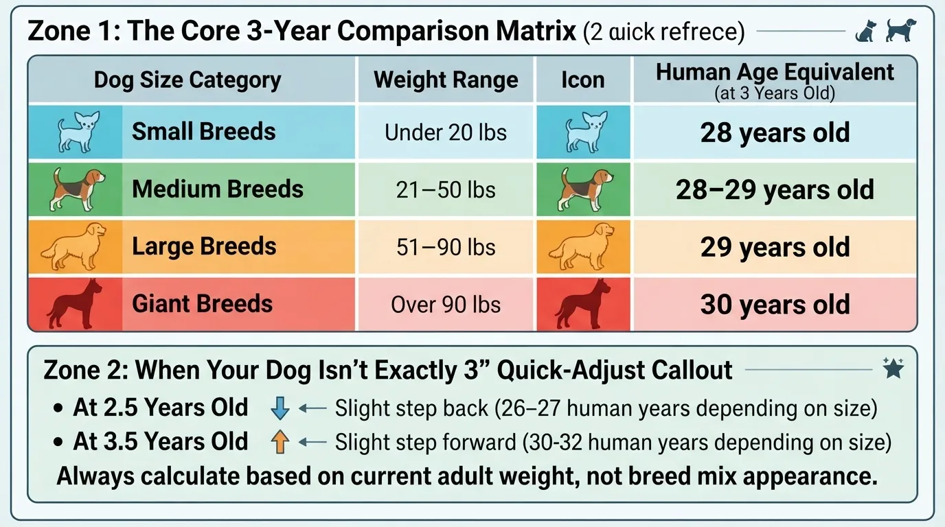 An infographic from dogagescalculatoR detailing dog age equivalents to human years across small, medium, large, and giant breeds at 3 years old.