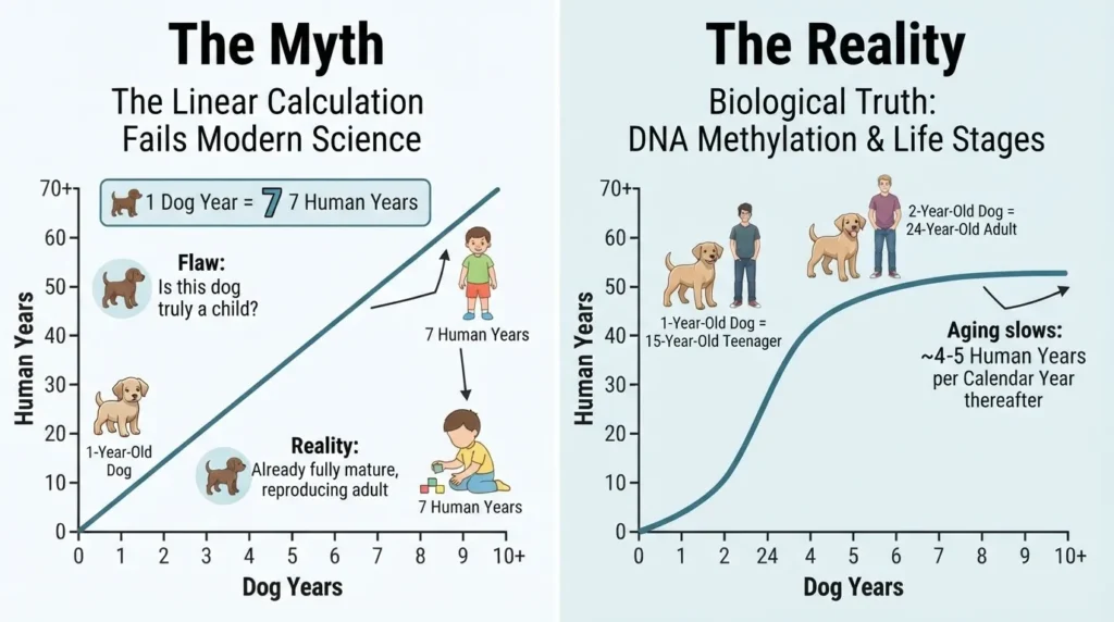 An infographic comparing the myth of linear dog years (1 dog year = 7 human years) with the biological reality of DNA methylation, showing that a 1-year-old dog is like a 15-year-old human and aging slows down later in life.